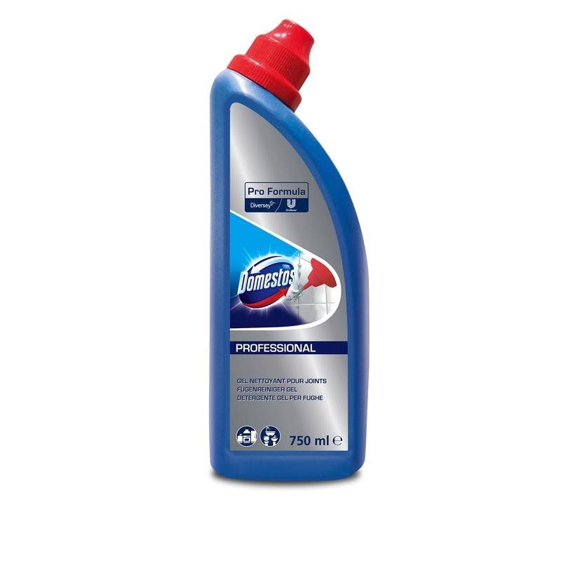 Une bouteille de 750 ml de nettoyant pour joints et de détachant de moisissure DOMESTOS Professional de Diversey Deutschland GmbH & Co. OHG est une bouteille bleue avec un bouchon rouge angulaire, destinée à un usage professionnel, avec des informations sur le produit et la marque sur l'étiquette.