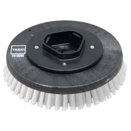 Une brosse à récurer ronde en plastique noir avec poils en nylon (28 cm) de la marque Diversey Deutschland GmbH & Co. OHG, dotée de poils blancs rigides, compatible avec les modèles swingo 955/1255/2100/5000 pour un nettoyage en profondeur – brosse à récurer standard, 1 pièce par paquet.