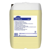 Un bidon de 20 litres de Clax Calcsoft 13A1, un adoucisseur d'eau liquide fabriqué par Diversey Deutschland GmbH & Co. OHG, muni d'un bouchon blanc, contenant un liquide jaune et comportant une étiquette sur le devant avec des informations multilingues sur le produit et des consignes d'utilisation à usage professionnel.