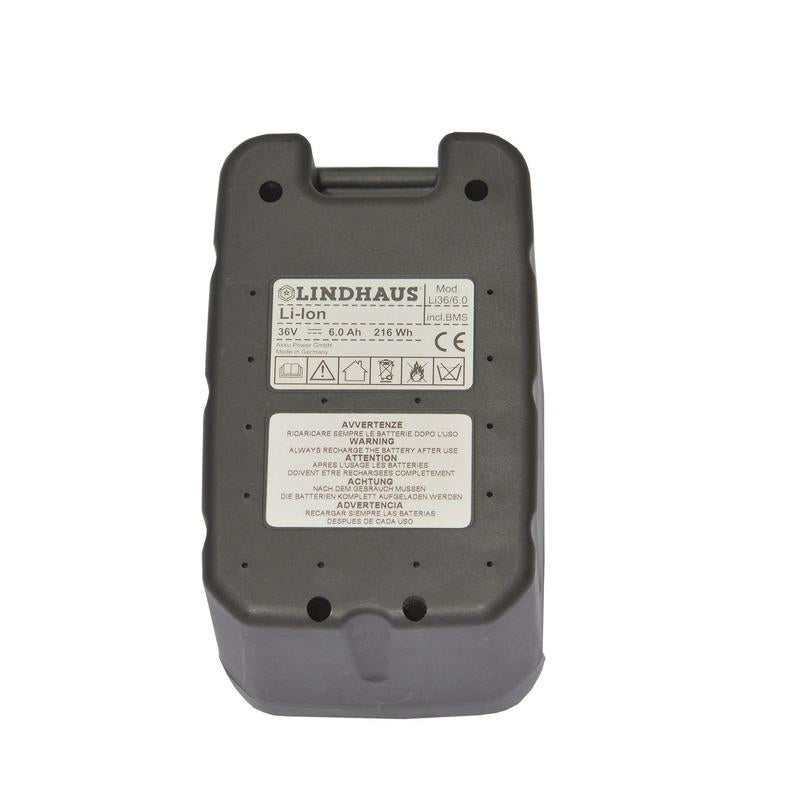 Une batterie au lithium TASKI rectangulaire grise 36V 6Ah de Diversey Deutschland GmbH & Co. OHG, adaptée pour TASKI Aero BP Lithium et TASKI swingo 150 B, avec des données techniques et des symboles de certification sur fond blanc.