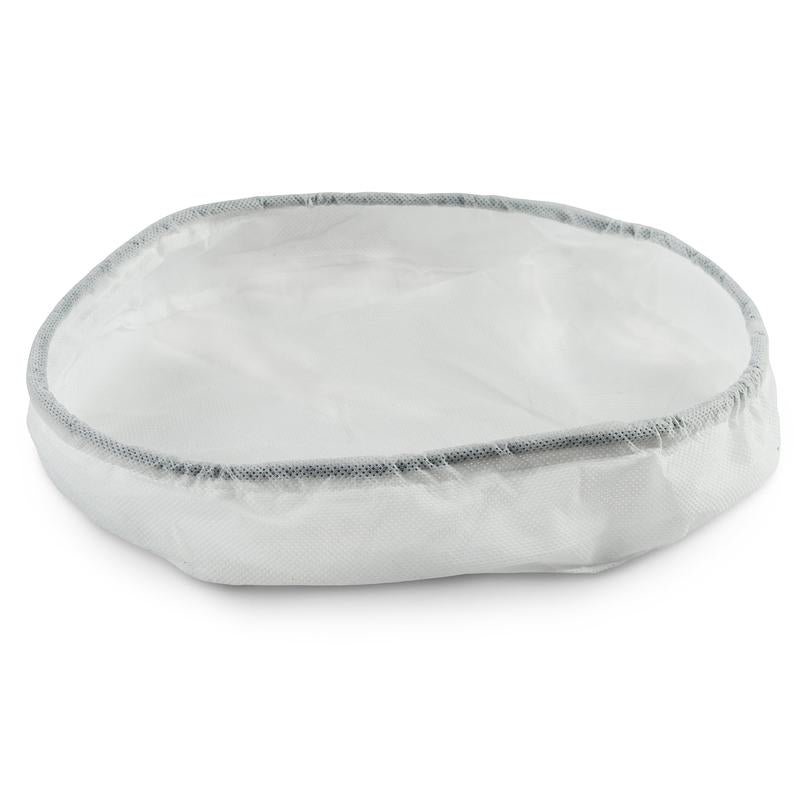 Un chiffon filtrant blanc et rond TASKI AERO 8/15 en non-tissé (protection moteur) de Diversey Deutschland GmbH & Co. OHG avec un bord gris, conçu comme accessoire d'aspirateur, est posé à plat sur une surface blanche. Disponible en carton de 5.