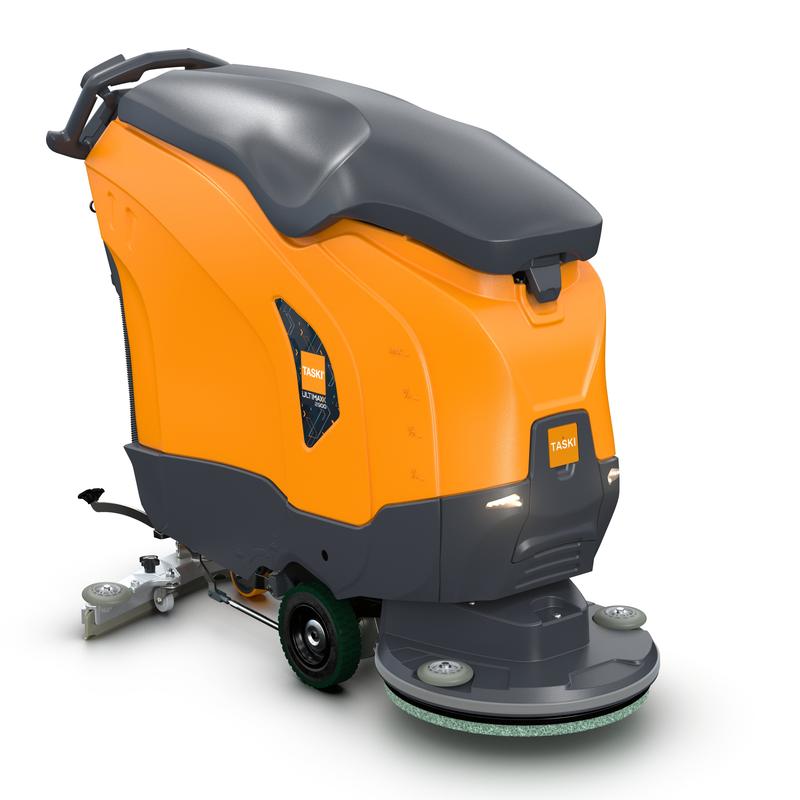 Der TASKI ULTIMAXX 2900 SD50 von Diversey Deutschland GmbH & Co. OHG ist eine Scheuersaugmaschine der nächsten Generation mit orange-grauem Gehäuse, 63-Liter-Tank, hinterem Steuergriff, Rädern und Bürste am Boden. Abgebildet auf einem schlichten weißen Hintergrund.