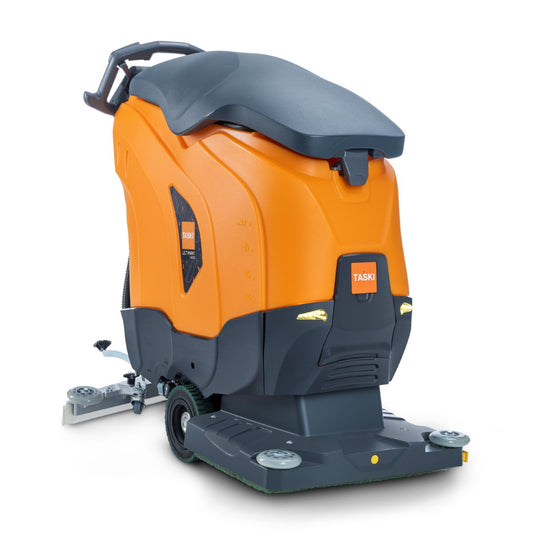 Die Diversey TASKI ULTIMAXX 1900 OB50 Performance BMS Scheuersaugmaschine (43L Tank, 50cm Orbitaldeck) in orange und schwarz mit Rädern und Griff wird von hinten auf weißem Hintergrund gezeigt.