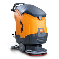 Die TASKI ULTIMAXX 1900 SD50 Economy von Diversey Deutschland ist eine orange-graue Scheuersaugmaschine mit einem 42L Tank, 50cm Einzelscheibe, Griff, Hinterrädern und sichtbarem Taski Branding. Antriebslos; ideal für effiziente Reinigung.