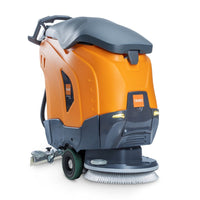Une autolaveuse TASKI ULTIMAXX 1900 SD43 Performance de couleur orange et grise, de la marque Diversey, à traction sur roues, avec un réservoir de 42 L, un disque unique de 43 cm, des roues, une poignée et un autocollant « TASKI » à l'arrière. Lot de : 1 pièce.