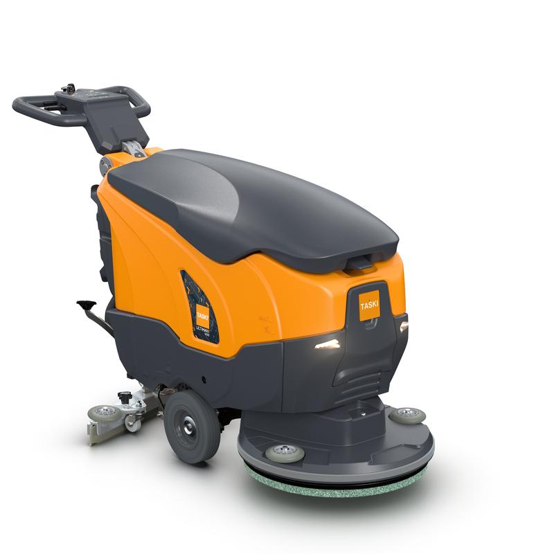 La TASKI ULTIMAXX 900 SD50 de Diversey Deutschland GmbH & Co. OHG est une autolaveuse non motorisée de nouvelle génération avec un réservoir de 20 litres et un disque unique de 50 cm, représentée en orange et gris avec une poignée de commande et des roues sur fond blanc.