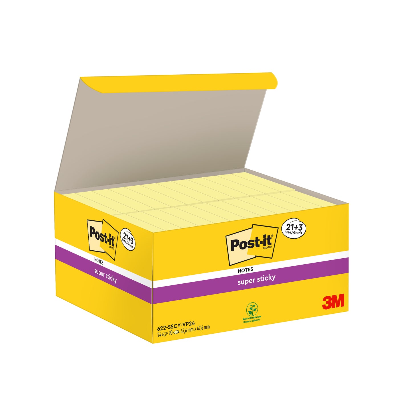 Une boîte jaune ouverte avec 3M Post-it® Super Sticky Notes (Jaune, 47,6x47,6mm, 90 feuilles/bloc), emballage promotionnel avec 21 blocs plus 3 blocs gratuits, montre le logo et les informations produit en violet et blanc. Fabriqué en papier certifié 100% PEFC.