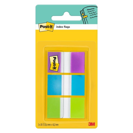 Eine Packung 3M Post-it® Index Haftstreifen, Standard (25,4 mm x 43,2 mm), 60 Haftstreifen in verschiedenen Farben in einem Spender. Ideal zum Ordnen von Dokumenten; mit Post-it® und 3M Deutschland GmbH Branding auf der Verpackung.