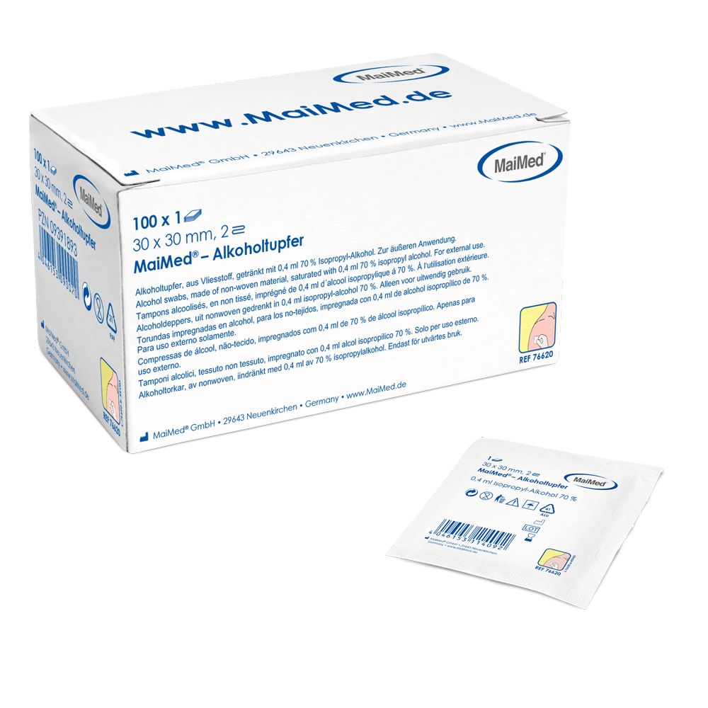 Meditrade Alkoholtupfer 30 x 30 mm weiß Vliesstoff zweilagig | Box (100 Stück)