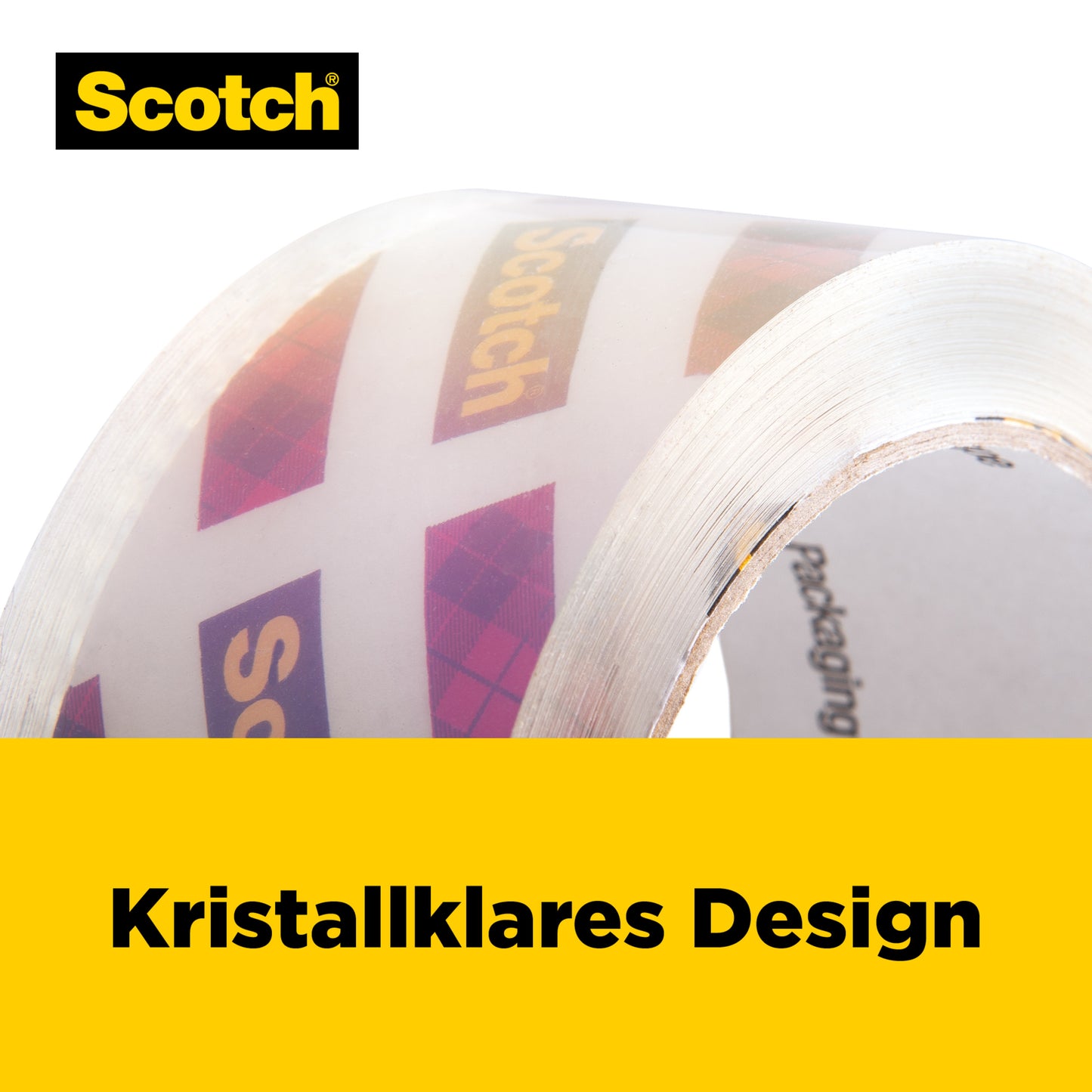 Die Nahaufnahme zeigt eine Rolle Scotch® Box Lock™ Verpackungsklebeband 3950-LR3-DC (48 mm x 50 m, 3 Rollen/Packung) der 3M Deutschland GmbH mit dem Schriftzug "Kristallklares Design" auf weißem Hintergrund und einem gelben Abschnitt am unteren Ende.