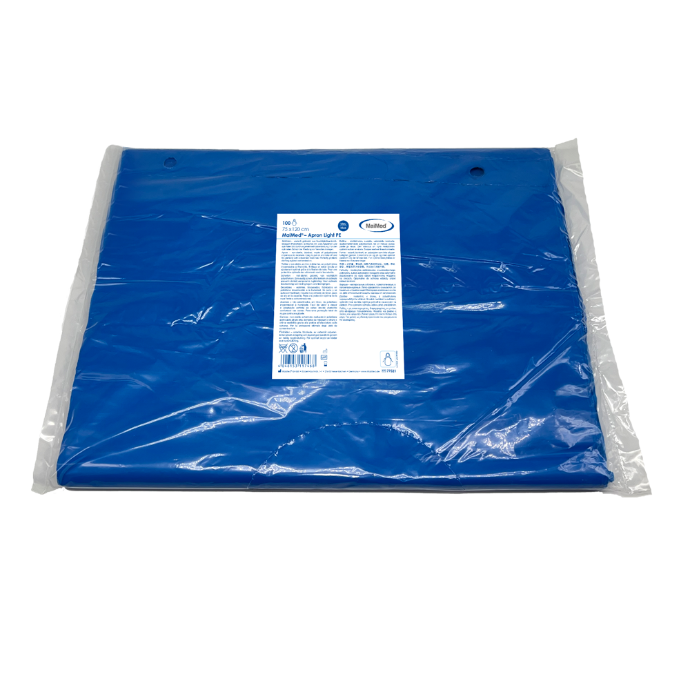 MaiMed-Apron Light PE, Schürze aus PE 75x120cm blau, 100 St./Pack, geblockt, glatte Oberfläche  | Packung (100 Stück)