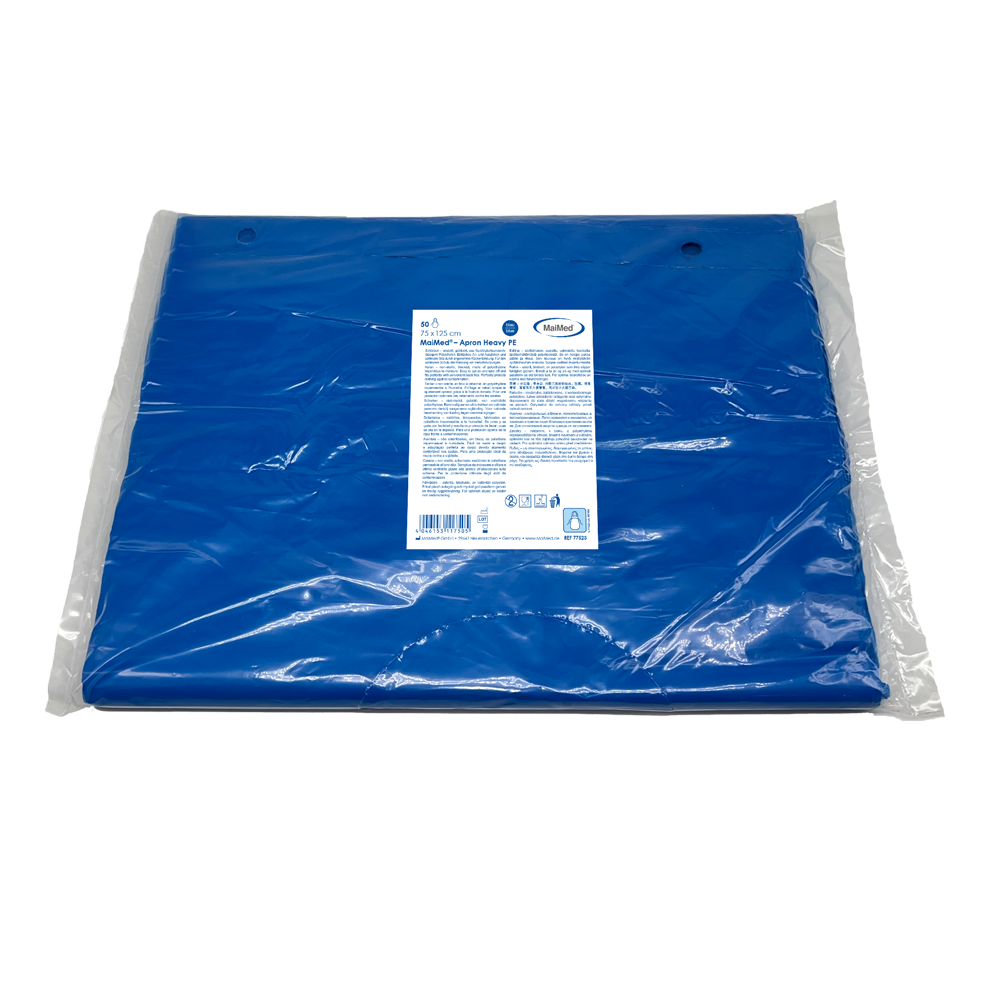 MaiMed-Apron Heavy PE, Schürze aus PE 75x125cm blau, 50 St./Pack, geblockt, glatte Oberfläche  | Packung (50 Stück)