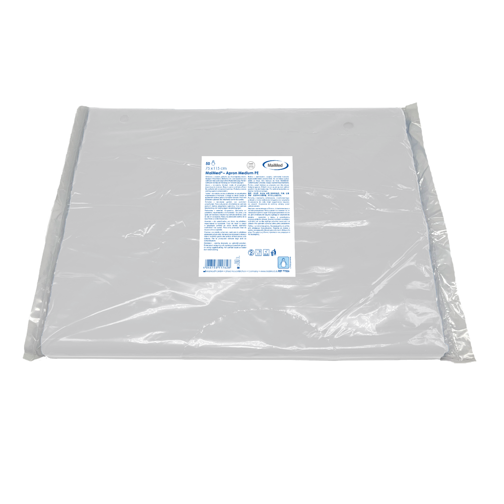 MaiMed-Apron Medium PE, Schürze aus PE 75x115cm weiß, 50 St./Pack, geblockt, glatte Oberfläche  | Packung (50 Stück)