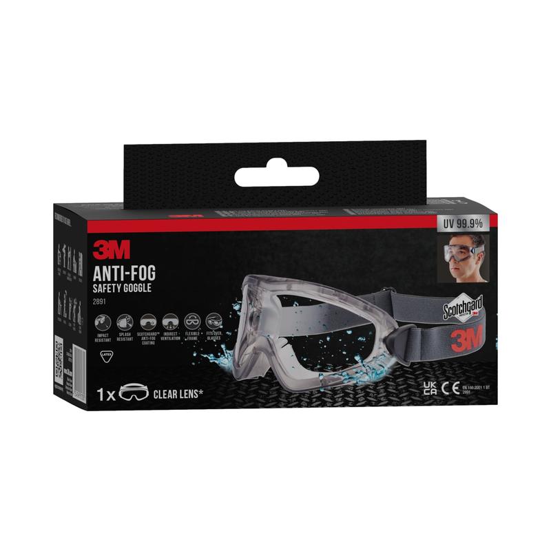 Une boîte noir et rouge des lunettes de protection 3M™ modèle 2891 avec Scotchgard™ antibuée, ventilation indirecte, verre transparent, protection UV et une photo d'une personne portant les lunettes de protection de 3M Deutschland GmbH est illustrée.