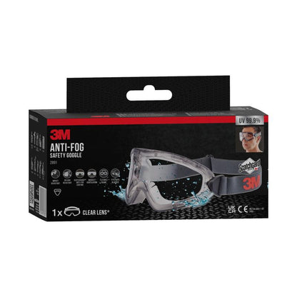 Une boîte noir et rouge des lunettes de protection 3M™ modèle 2891 avec Scotchgard™ antibuée, ventilation indirecte, verre transparent, protection UV et une photo d'une personne portant les lunettes de protection de 3M Deutschland GmbH est illustrée.