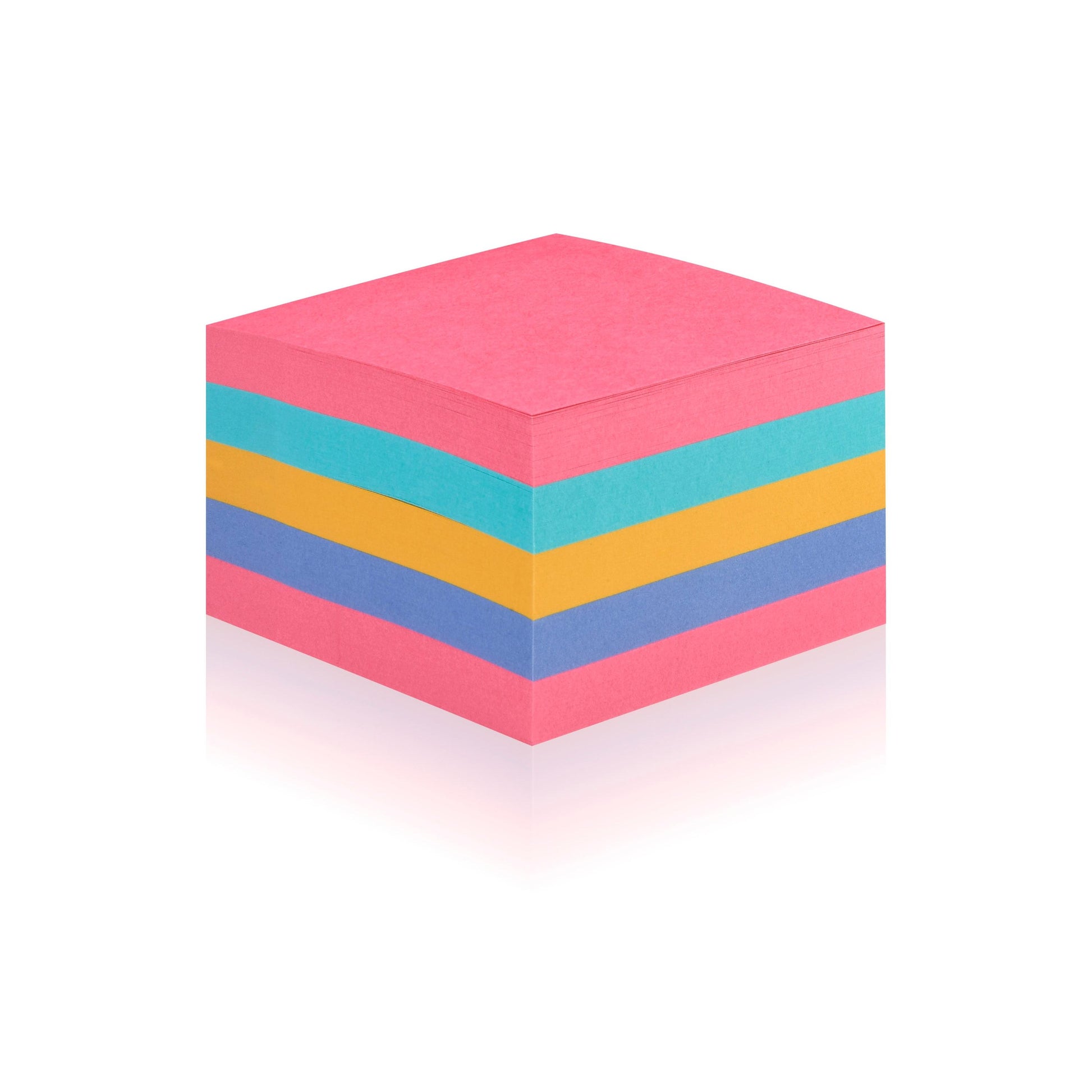 Ein würfelförmiger Stapel von 3M Post-it® Super Sticky Würfel, 440 Blatt (76 x 76 mm), in verschiedenen Farben von 3M Deutschland GmbH, übersichtlich angeordnet auf weißem Hintergrund. PEFC-zertifiziert. Packung (1 Stück).