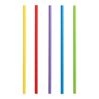 Cinq PAPSTAR Des pailles en papier écologique et durable sont disposées verticalement. De gauche à droite, leurs couleurs vives sont le jaune, le rouge, le violet, le bleu et le vert. Ces pailles se détachent sur le fond blanc.