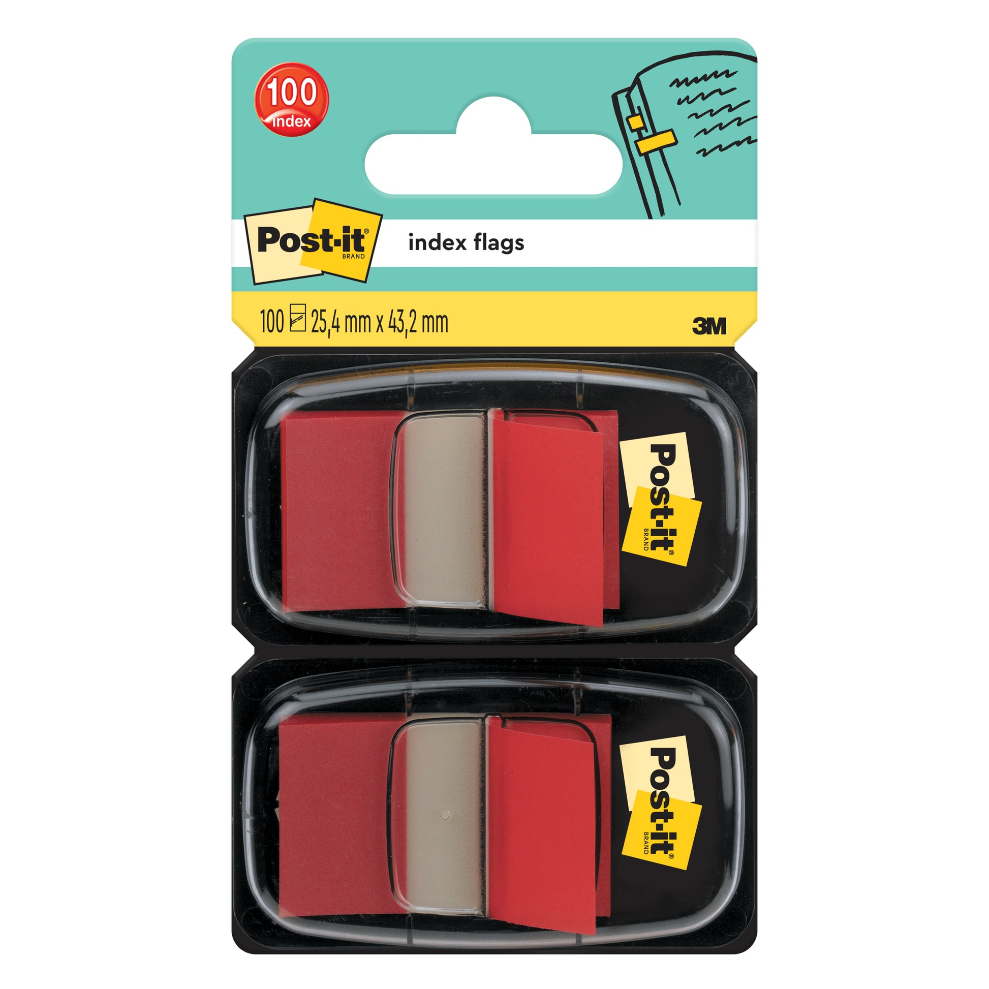 Eine Packung Post-it® Index Haftstreifen der 3M Deutschland GmbH enthält pro Spender 50 Standardfahnen mit den Maßen 25,4 mm x 43,2 mm.