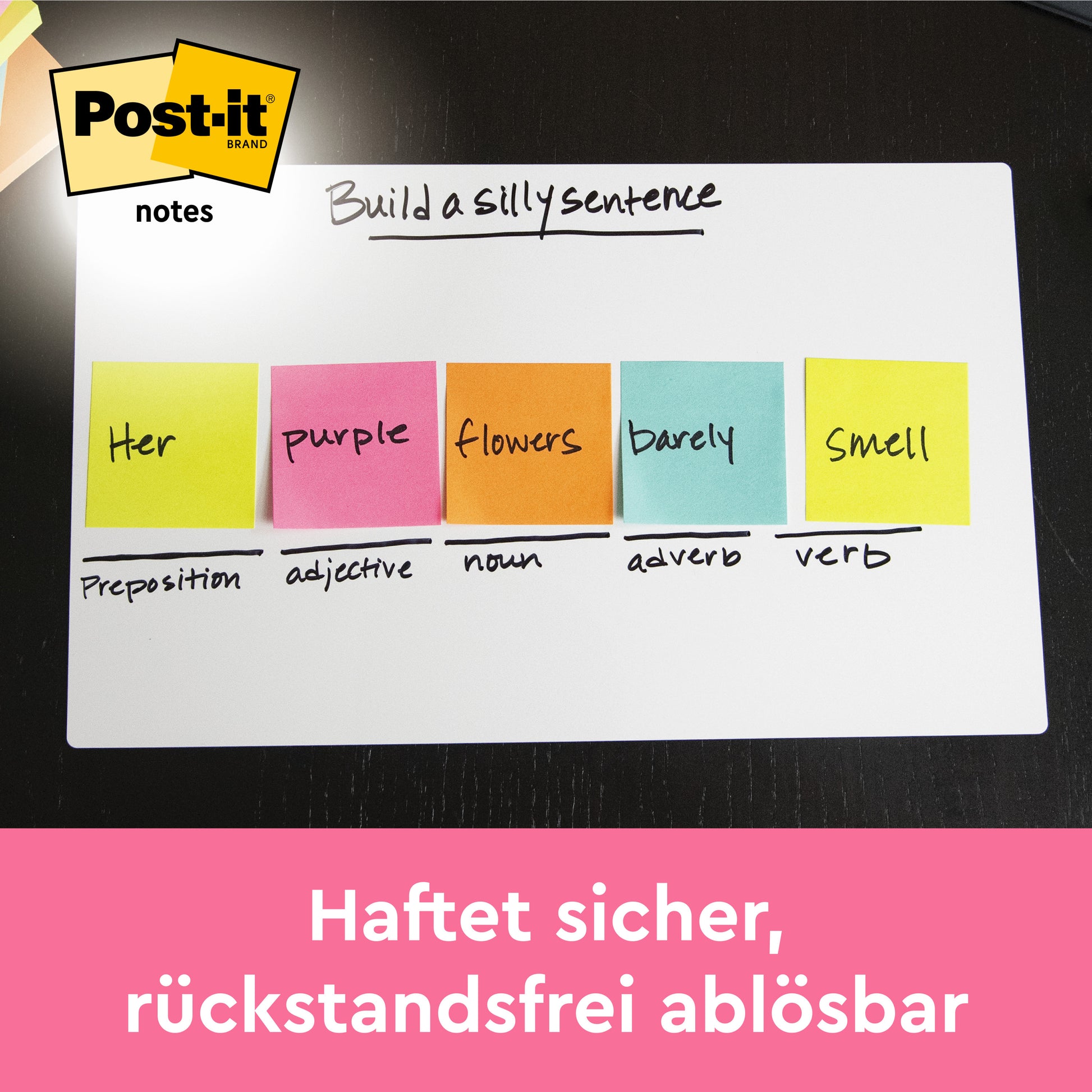 Auf einem Whiteboard sind fünf bunte Post-it® Haftnotizen (76 mm x 127 mm, 100 Blatt/Block, 100% PEFC) der 3M Deutschland GmbH zu sehen, die jeweils mit einem Sprachteil beschriftet sind; der deutsche Text hebt die sichere, rückstandsfreie Haftung hervor.