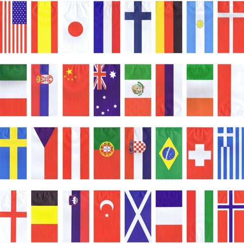 Die PAPSTAR Flaggenkette Papier (10 m, schwer entflammbar) von PAPSTAR GmbH zeigt 32 einzigartige Nationalflaggen mit leuchtenden Farben und Mustern, inspiriert von 32 Nationen-Designs, angeordnet auf weißem Hintergrund.