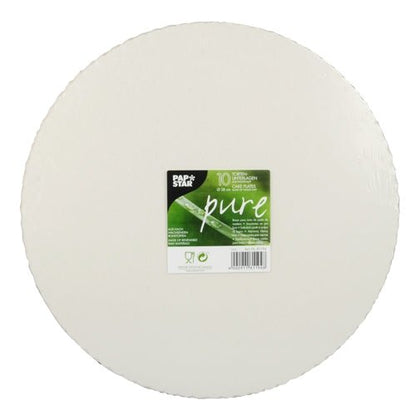 Une pile de 10 supports à gâteaux ronds et blancs PAPSTAR en carton "pur" de la PAPSTAR GmbH, identifiés comme écologiques et biodégradables, est livrée en paquet de 10.