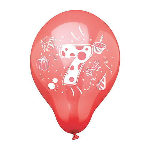 Un ballon de chiffres PAPSTAR 6 (Ø 25 cm, assorti en couleurs) de PAPSTAR GmbH présente un grand chiffre blanc et est illustré avec chapeau de fête, cupcake avec bougie, cadeau, ruban et confettis.