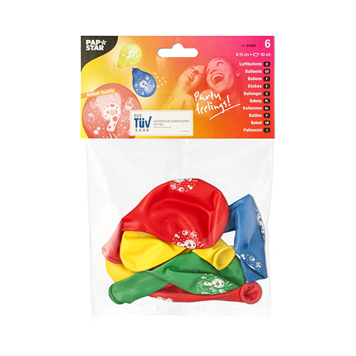 Un emballage en plastique transparent de la société PAPSTAR GmbH contient six ballons de chiffres assortis en couleurs (Ø 25 cm) sous une étiquette colorée « PAPSTAR » avec graphisme de fête, indiquant une qualité moyenne. Les couleurs disponibles sont le rouge, le jaune, le vert et le bleu.