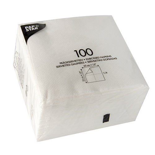 Un paquet scellé et transparent contient 1200 serviettes blanches PAPSTAR 1 pli (33x33 cm), idéal pour les fêtes, de PAPSTAR GmbH. Les informations sur le produit et les dimensions sont imprimées sur l'emballage.
