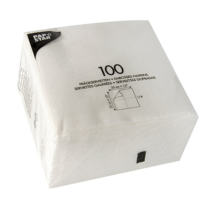 Un paquet scellé et transparent contient 1200 serviettes blanches PAPSTAR 1 pli (33x33 cm), idéal pour les fêtes, de PAPSTAR GmbH. Les informations sur le produit et les dimensions sont imprimées sur l'emballage.