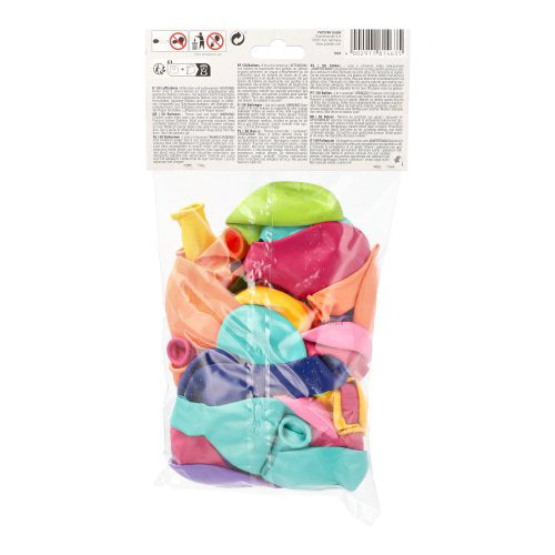 Un sachet clair de PAPSTAR GmbH contient 50 ballons "Trend" triés Ø 25 cm, idéaux comme accessoires de fête. Sur le dessus, il y a une étiquette blanche avec des informations sur le produit et des consignes de sécurité.