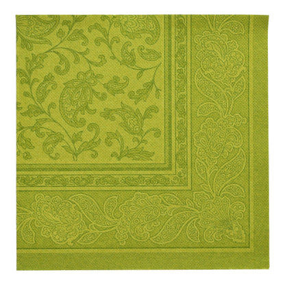 Grüne quadratische Serviette aus der PAPSTAR 20 Servietten "ROYAL Collection" (40 x 40 cm, 1/4-Falz) der PAPSTAR GmbH mit eleganter Paisley- und Blattbordüre - ideal für die stilvolle Tischdekoration.