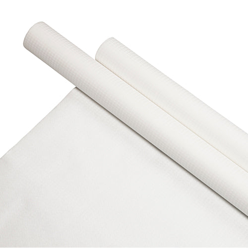 Un rouleau PAPSTAR de nappe, papier, 8 m x 118 cm, blanc (PAPSTAR GmbH), est présenté sur une feuille assortie de nappe en papier blanc avec une surface lisse et finement texturée sur fond blanc.