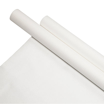 Un rouleau PAPSTAR de nappe, papier, 8 m x 118 cm, blanc (PAPSTAR GmbH), est présenté sur une feuille assortie de nappe en papier blanc avec une surface lisse et finement texturée sur fond blanc.