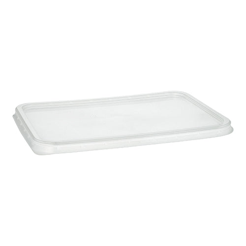 Un couvercle Starpak 50 pour gobelets d'emballage, PP transparent, 0,7 x 18,6 x 13,3 cm (50 pièces), est illustré sur un fond blanc. Il dispose d'un bord surélevé et repose à plat pour couvrir et fermer le récipient correspondant.