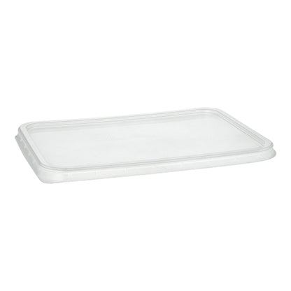 Un couvercle Starpak 50 pour gobelets d'emballage, PP transparent, 0,7 x 18,6 x 13,3 cm (50 pièces), est illustré sur un fond blanc. Il dispose d'un bord surélevé et repose à plat pour couvrir et fermer le récipient correspondant.