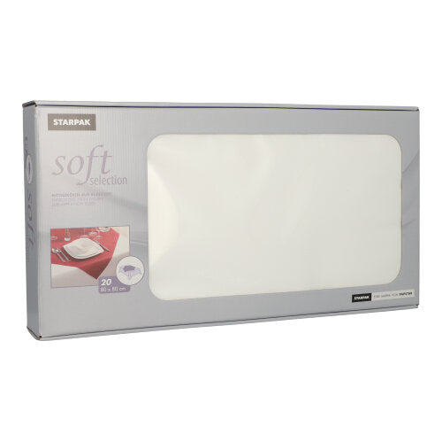 Die Starpak 20 Mitteldecken „soft selection“, stoffähnlich aus Vlies (80x80 cm), kommen in einer überwiegend grauen Box mit großem transparentem Fenster, durch das die weißen Servietten sichtbar werden; ideal für die Gastronomie, mit Produktinfo auf der Vorderseite.