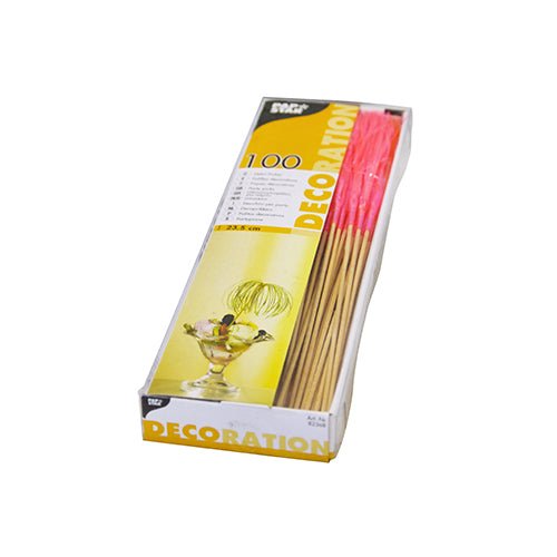 Eine rechteckige Schachtel mit PAPSTAR 100 Deko-Pickern der PAPSTAR GmbH. Mit rosafarbenen Spitzen und robuster Qualität – perfekt für stilvolle Präsentationen. Die Verpackung zeigt „DEKORATION“, ein Dessertglas und mehrere Spieße im Inneren.