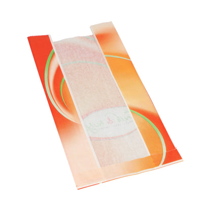 Un sac à bande de visualisation Starpak blanc « Fresh & Tasty » (33 x 16 x 8,7 cm) avec un design orange-jaune montre son contenu à travers une fenêtre centrale transparente. L'emballage contient 1000 sacs sous film rétractable.