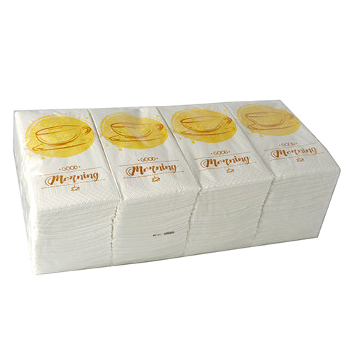 Un tas de PAPSTAR 250 serviettes, 3 plis 1/8 pli de la société PAPSTAR GmbH, chacune de 33 x 33 cm, avec une tasse à thé dorée et le motif "Good Morning", est emballé dans un emballage plastique transparent.