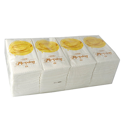 Un tas de PAPSTAR 250 serviettes, 3 plis 1/8 pli de la société PAPSTAR GmbH, chacune de 33 x 33 cm, avec une tasse à thé dorée et le motif "Good Morning", est emballé dans un emballage plastique transparent.