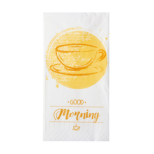 Les PAPSTAR 250 serviettes, 3 plis 1/8 pli de PAPSTAR GmbH sont des serviettes blanches (33 x 33 cm) avec un motif de tasse à thé jaune, l'inscription "GOOD Morning" et un symbole de tasse - parfaites comme serviettes de restauration.