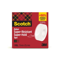 Eine Schachtel Scotch® Super-Hold Secure Tape (1 Rolle, 19 mm x 25,4 m) von 3M Deutschland GmbH zeigt transparentes Klebeband für transparente Klebeverbindungen in roter Verpackung mit gelbem und schwarzem Karo sowie Angaben in Englisch und Französisch.