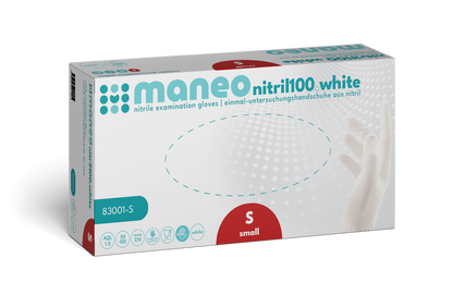 Eine rechteckige Schachtel MANEO Nitril-Handschuhe, hygienisch und strapazierfähig der ARNOWA GmbH in der Größe small zeigt ein blau-weißes Design mit Produktangaben und der Abbildung einer behandschuhten Hand auf der Vorderseite.