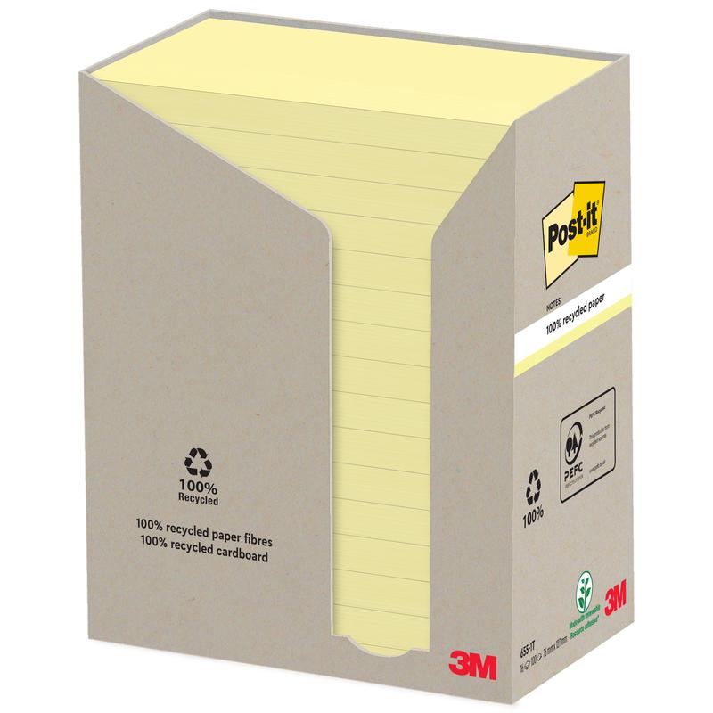 Une boîte de notes de recyclage Post-it® 3M (76 mm x 127 mm, 100 feuilles, 100% PEFC) de 3M Deutschland GmbH est partiellement ouverte pour montrer les notes empilées à l'intérieur et présente des symboles de recyclage et une marque sur l'emballage.