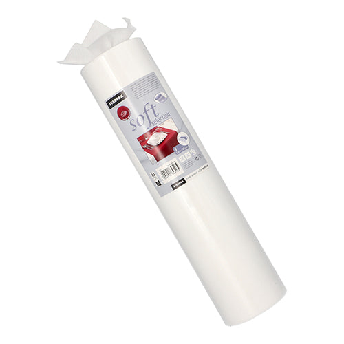 Eine weiße Rolle Starpak Tischläufer, stoffähnlich Vlies „soft selection“ (24 m x 40 cm), zeigt Markennamen und Produktlabel mit rotem Tischset, einige Blätter sind oben leicht herausgezogen.