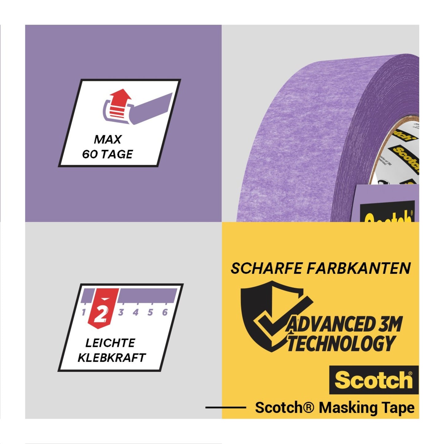 Gezeigt wird eine Rolle Scotch® Malerabdeckband für empfindliche Oberflächen (24 mm x 41 m) der 3M Deutschland GmbH mit Icons für 60-Tage-Verwendung, leichter Klebekraft, scharfen Farblinien und PEFC-Zertifizierung für Nachhaltigkeit.