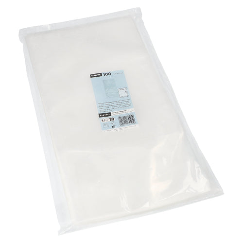 Un sac transparent Starpak à bord scellé (PA/PE) contient 100 serviettes blanches, munies d'une étiquette Starpak bleu-blanc avec des informations de marque et un code-barres.