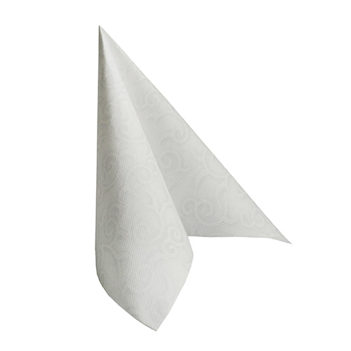 La serviette blanche PAPSTAR 50 serviettes "ROYAL Collection" 1/4-pli 40 x 40 cm de PAPSTAR GmbH est pliée en une forme triangulaire et est ornée d'un motif de spirales embossé discret sur la surface.