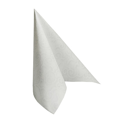 La serviette blanche PAPSTAR 50 serviettes "ROYAL Collection" 1/4-pli 40 x 40 cm de PAPSTAR GmbH est pliée en une forme triangulaire et est ornée d'un motif de spirales embossé discret sur la surface.