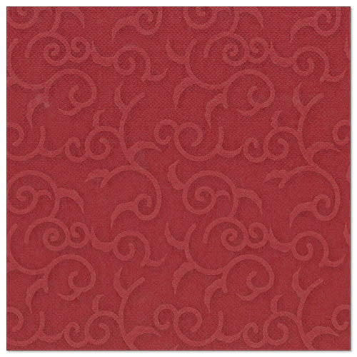 La serviette carrée bordeaux de la collection ROYAL de PAPSTAR (40 x 40 cm, pliée en 1/4) est ornée d'un motif en relief de vrilles et de spirales uniformément réparti sur la surface.
